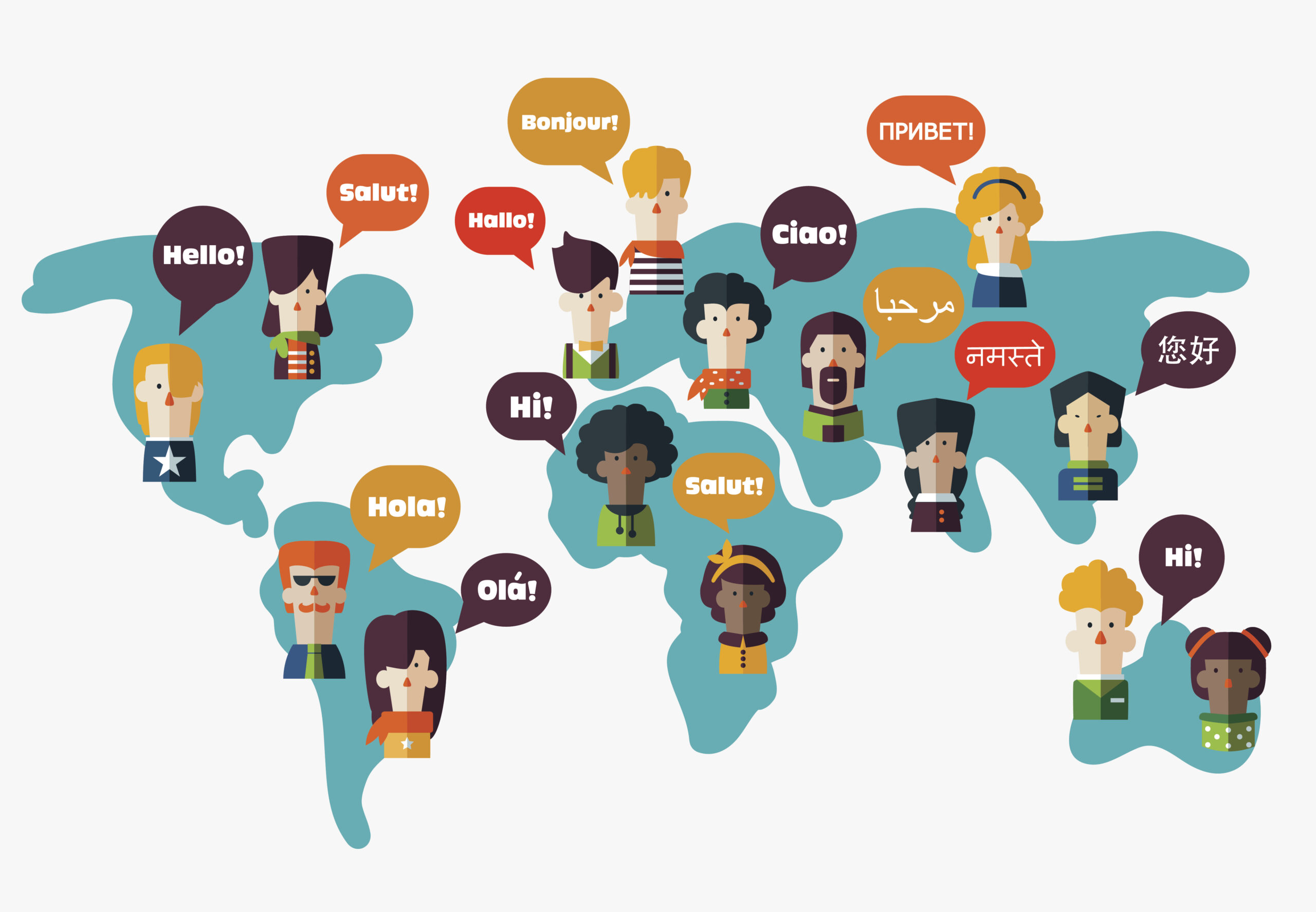 People avatars on World map. Speech bubbles in different languages