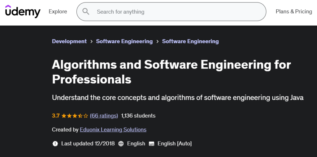 Algorithms and Software Engineering for Professionals course by Udemy
